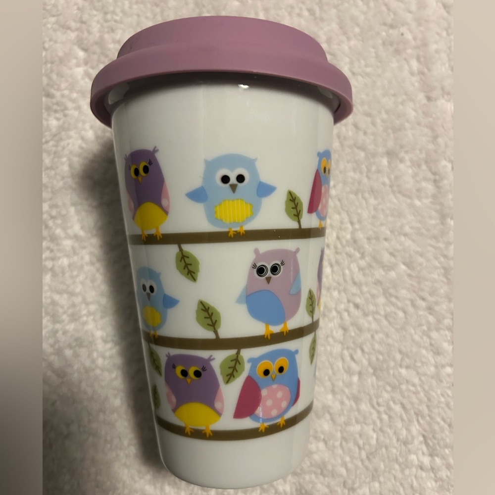 Owl Patterned Travel Mug with Lid ceramic with silicone top